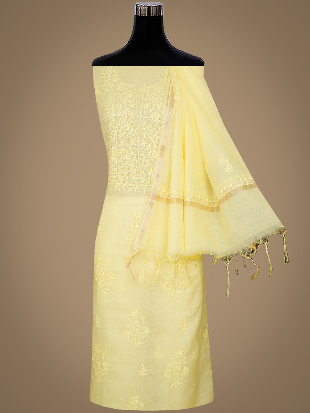 Ada Hand Embroidered Mustard Chanderi Lucknowi Chikankari Unstitched Kurta Dupatta Set with Pearl Work 01A911496