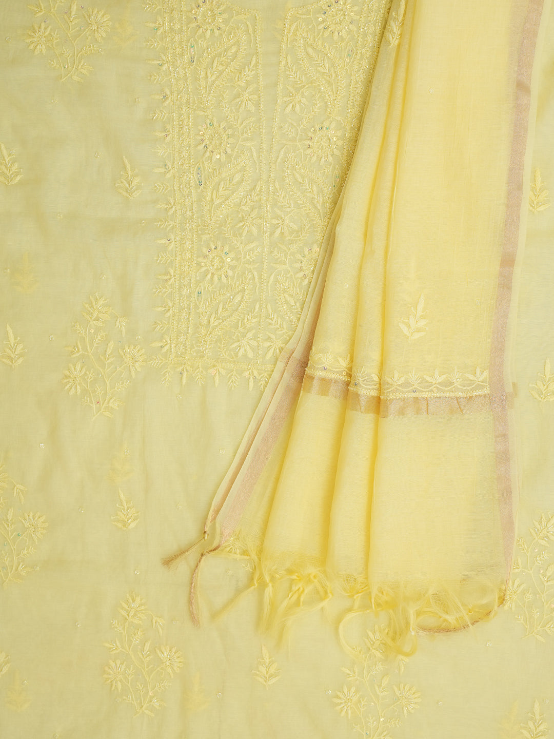 Ada Hand Embroidered Mustard Chanderi Lucknowi Chikankari Unstitched Kurta Dupatta Set with Pearl Work 01A911496