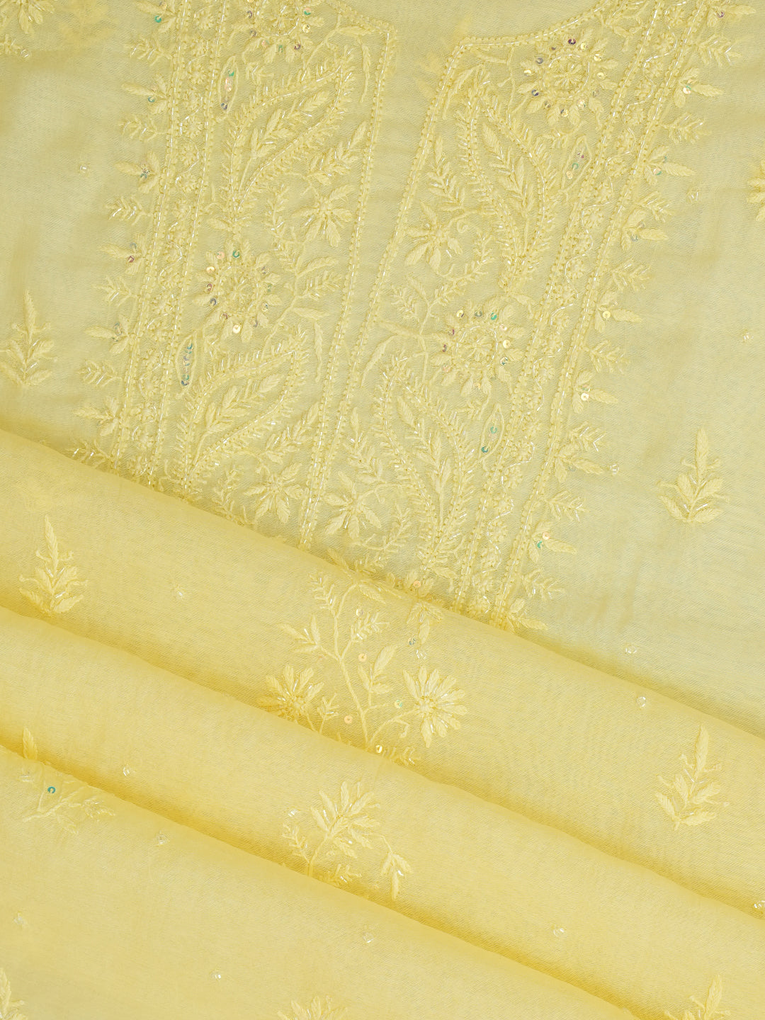 Ada Hand Embroidered Mustard Chanderi Lucknowi Chikankari Unstitched Kurta Dupatta Set with Pearl Work 01A911496