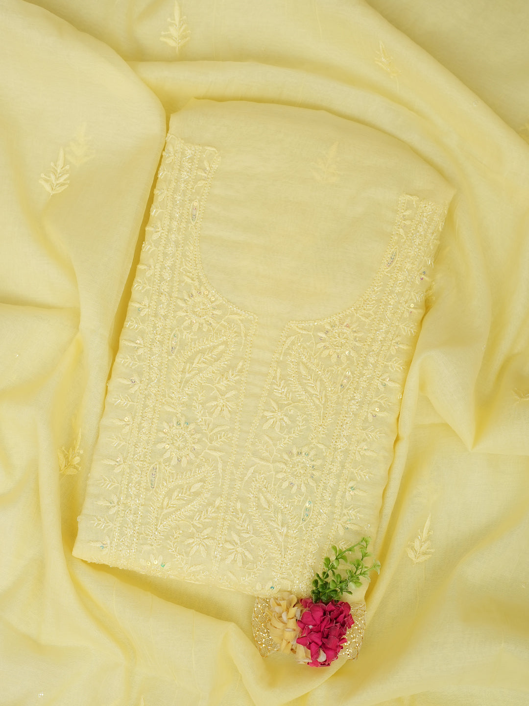 Ada Hand Embroidered Mustard Chanderi Lucknowi Chikankari Unstitched Kurta Dupatta Set with Pearl Work 01A911496