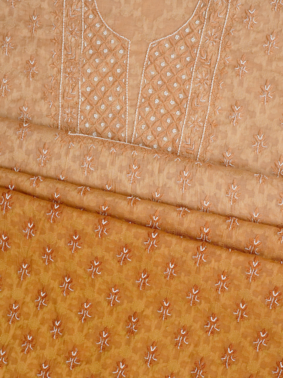 Ada Hand Embroidered Mustard Chanderi Lucknowi Chikankari Unstitched Kurta Dupatta With Cutdana Work 01A972729