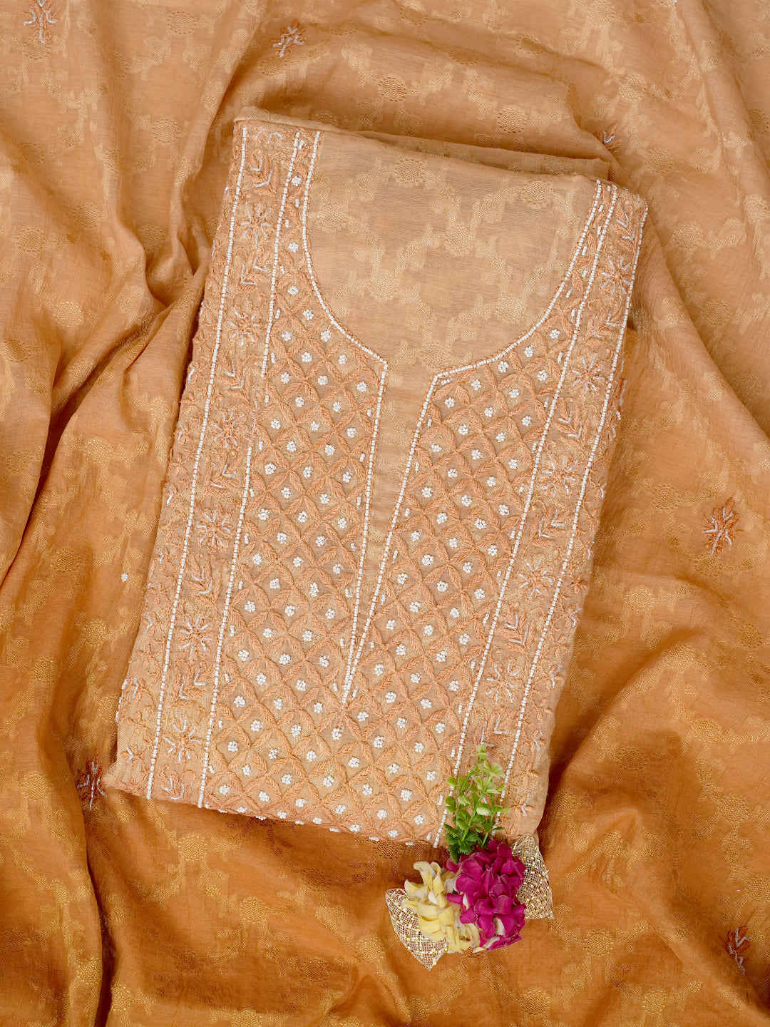 Ada Hand Embroidered Mustard Chanderi Lucknowi Chikankari Unstitched Kurta Dupatta With Cutdana Work 01A972729