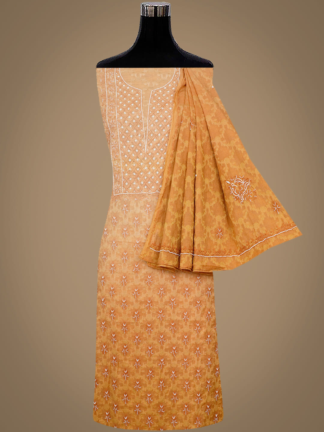 Ada Hand Embroidered Mustard Chanderi Lucknowi Chikankari Unstitched Kurta Dupatta Set With Cutdana Work 01A972729