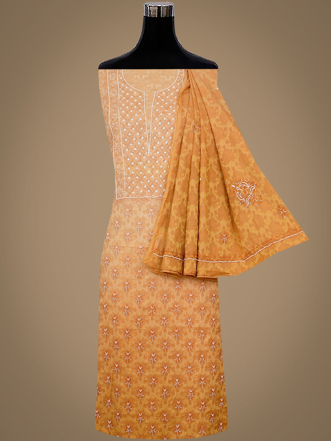 Ada Hand Embroidered Mustard Chanderi Lucknowi Chikankari Unstitched Kurta Dupatta With Cutdana Work 01A972729