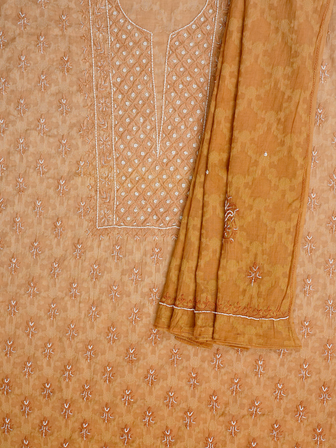 Ada Hand Embroidered Mustard Chanderi Lucknowi Chikankari Unstitched Kurta Dupatta With Cutdana Work 01A972729