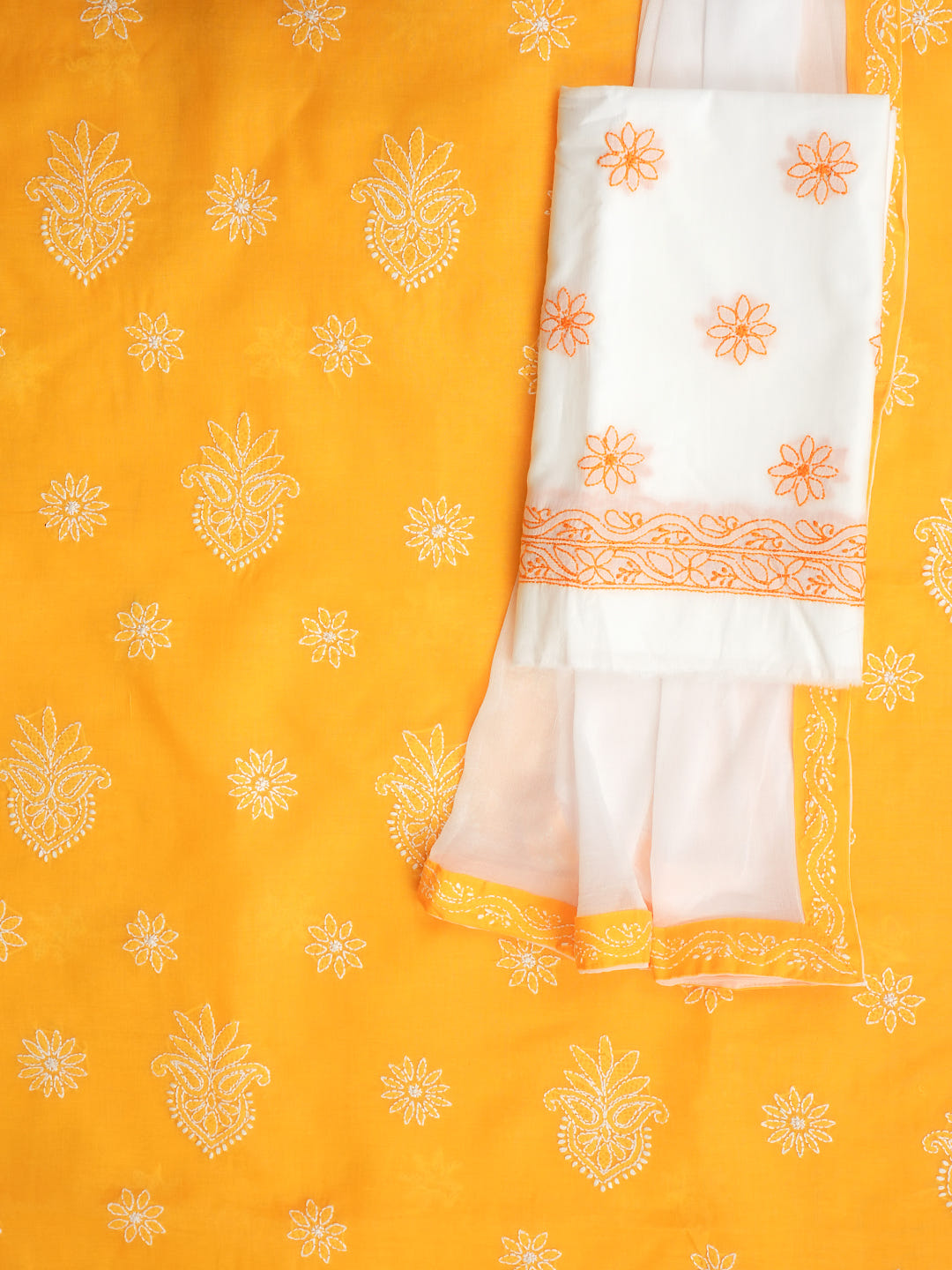 Ada Hand Embroidered Mustard Cotton Lucknowi Chikankari Unstitched Suit Piece With Chiffon Dupatta 01A1026550_2