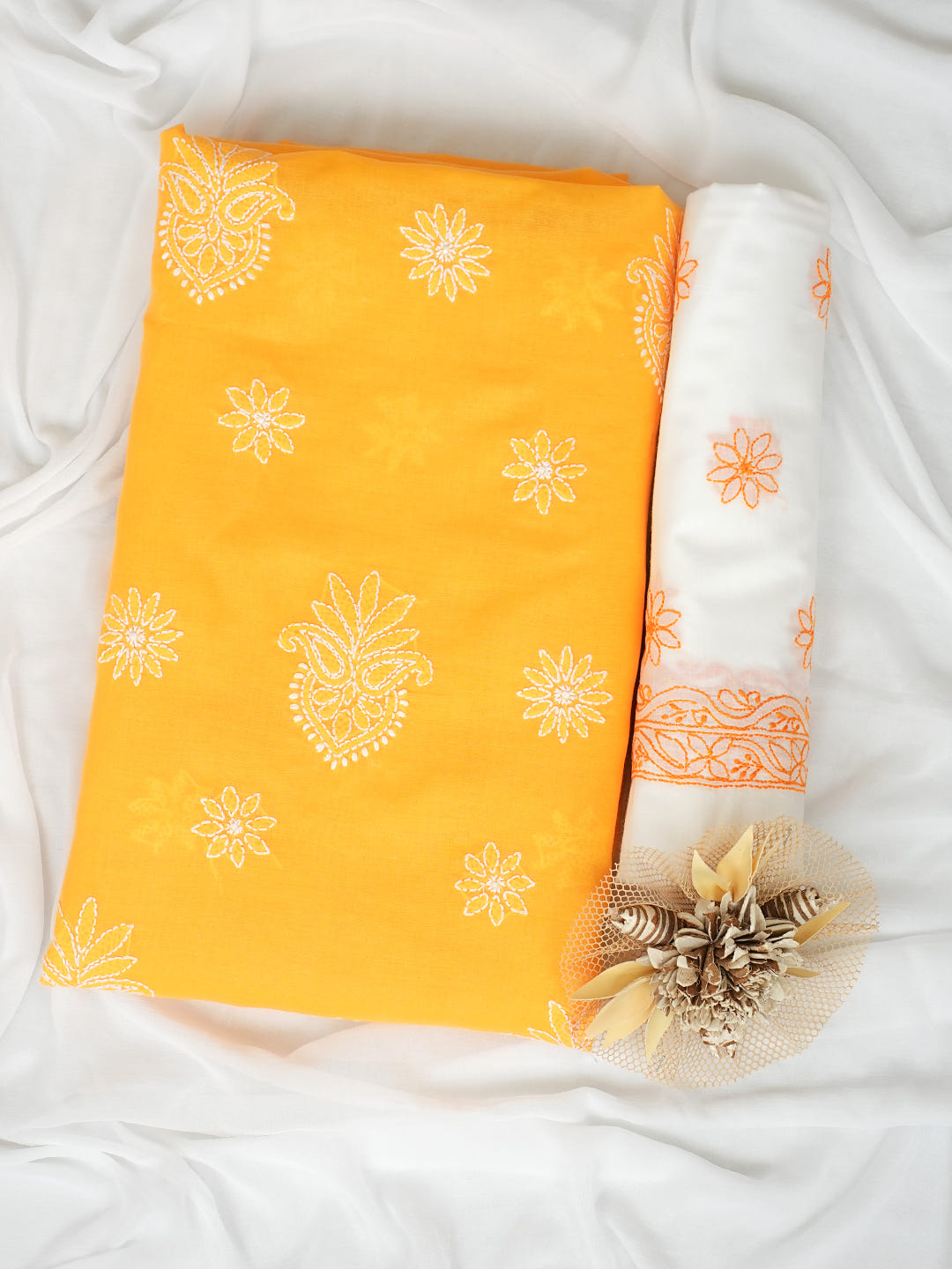 Ada Hand Embroidered Mustard Cotton Lucknowi Chikankari Unstitched Suit Piece With Chiffon Dupatta 01A1026550_1