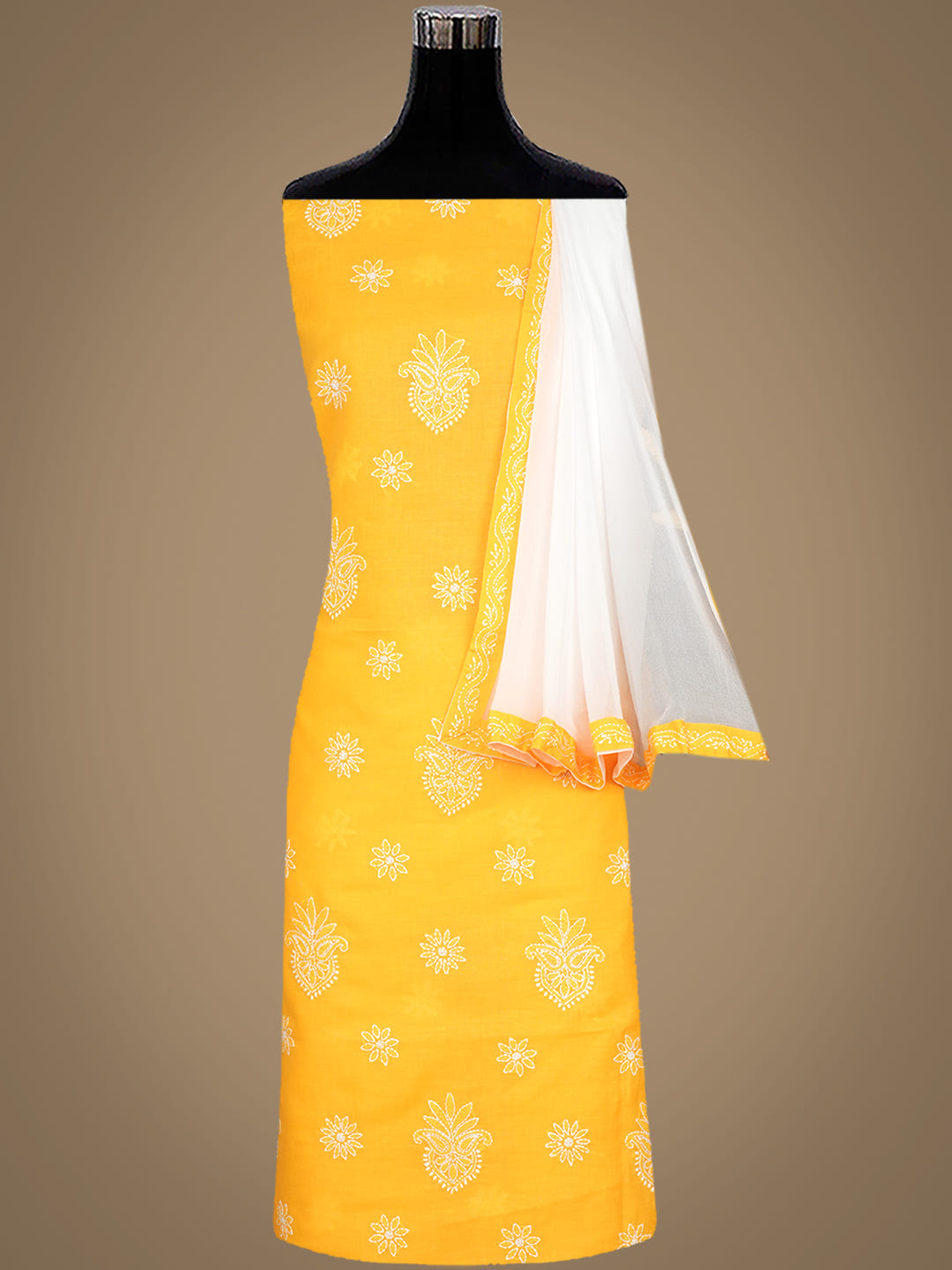 Ada Hand Embroidered Mustard Cotton Lucknowi Chikankari Unstitched Suit Piece With Chiffon Dupatta 01A1026550_8