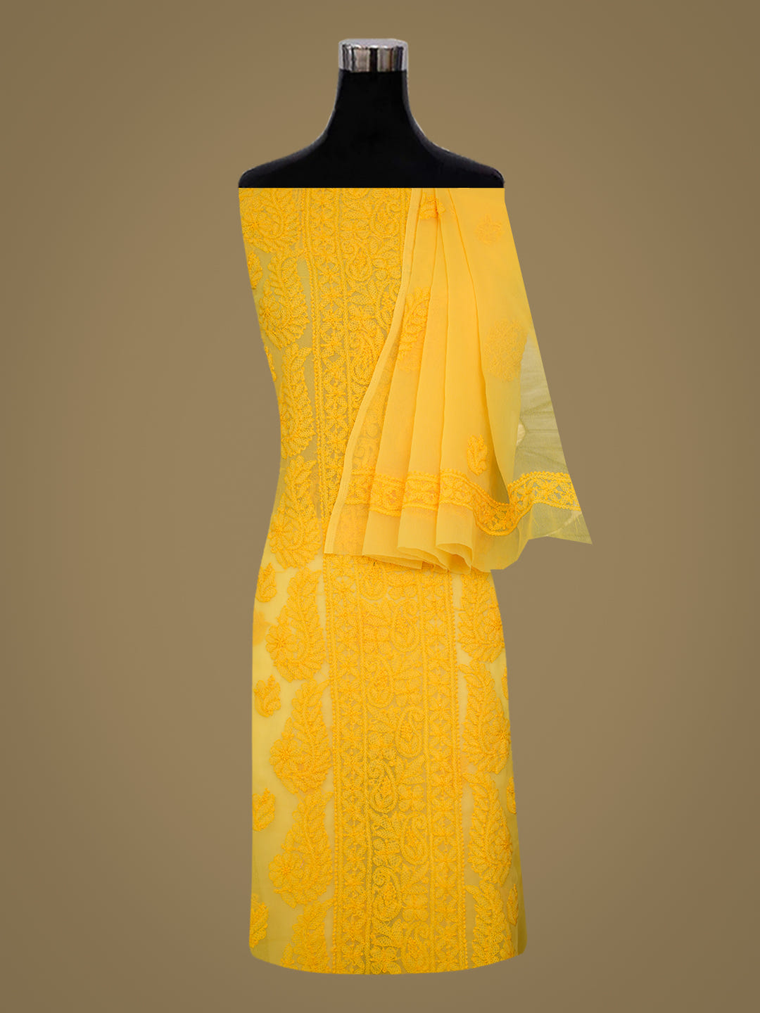 Ada Hand Embroidered Mustard Faux Georgette Lucknowi Chikankari Unstitched Suit Piece_2