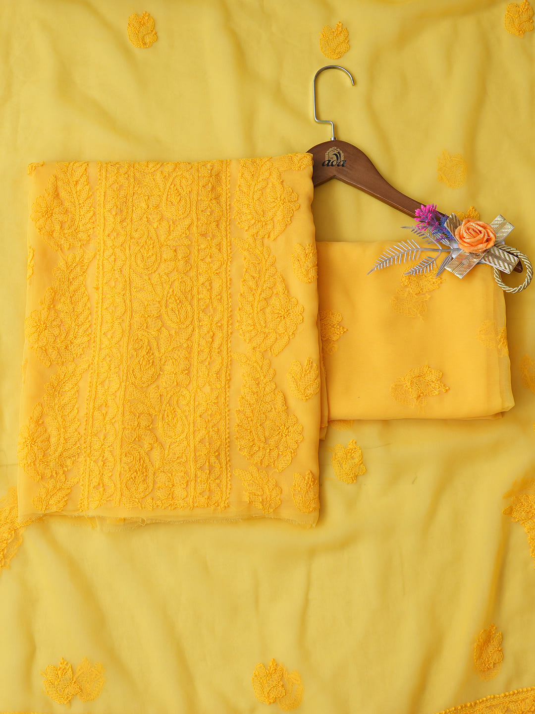 Ada Hand Embroidered Mustard Faux Georgette Lucknowi Chikankari Unstitched Suit Piece_1