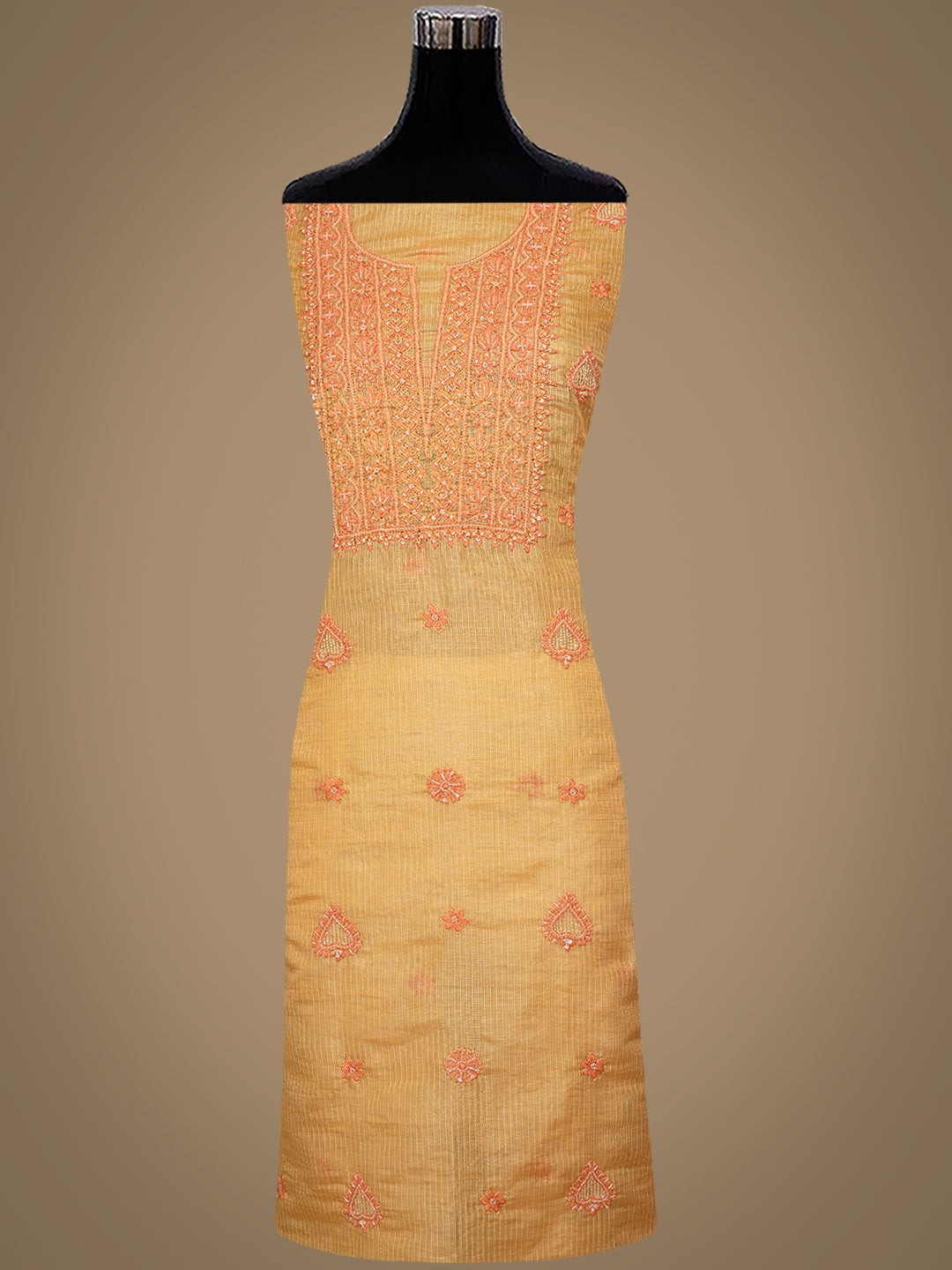 Ada Hand Embroidered Mustard Kota Tissue Lucknowi Chikankari Unstitched Kurta Dupatta Set With Cutdana Work 01A876803