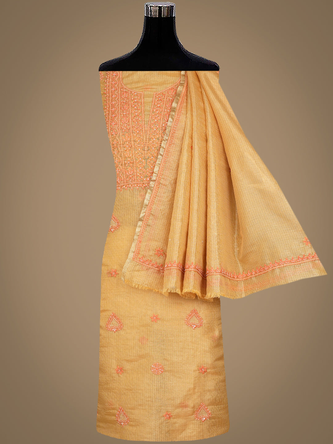 Ada Hand Embroidered Mustard Kota Tissue Lucknowi Chikankari Unstitched Kurta Dupatta Set With Cutdana Work 01A876803