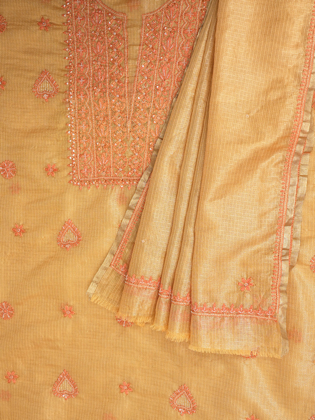 Ada Hand Embroidered Mustard Kota Tissue Lucknowi Chikankari Unstitched Kurta Dupatta Set With Cutdana Work 01A876803