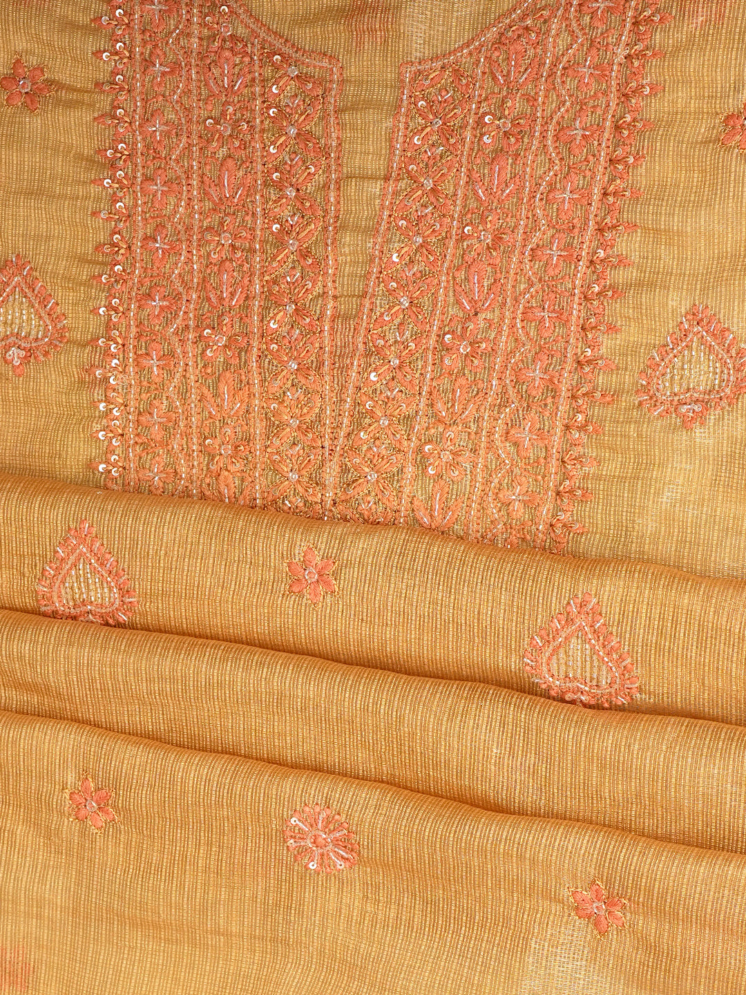 Ada Hand Embroidered Mustard Kota Tissue Lucknowi Chikankari Unstitched Kurta Dupatta Set With Cutdana Work 01A876803