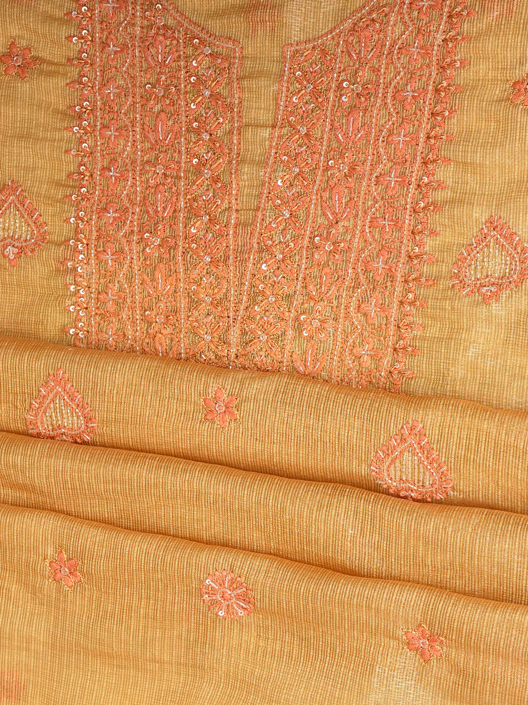 Ada Hand Embroidered Mustard Kota Tissue Lucknowi Chikankari Unstitched Kurta Dupatta Set With Cutdana Work 01A876803
