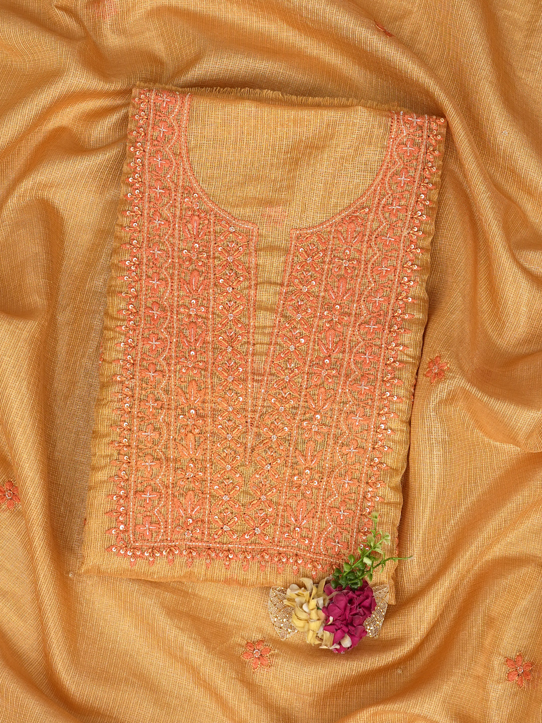 Ada Hand Embroidered Mustard Kota Tissue Lucknowi Chikankari Unstitched Kurta Dupatta Set With Cutdana Work 01A876803