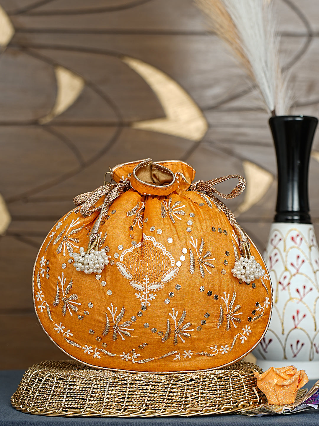 Ada Hand Embroidered Mustard Silk Lucknowi Chikankari Potli Bag With Zari Work 01A1009317