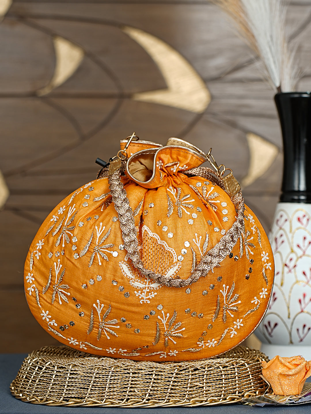 Ada Hand Embroidered Mustard Silk Lucknowi Chikankari Potli Bag With Zari Work 01A1009317