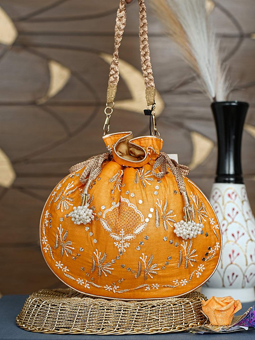 Ada Hand Embroidered Mustard Silk Lucknowi Chikankari Potli Bag With Zari Work 01A1009317