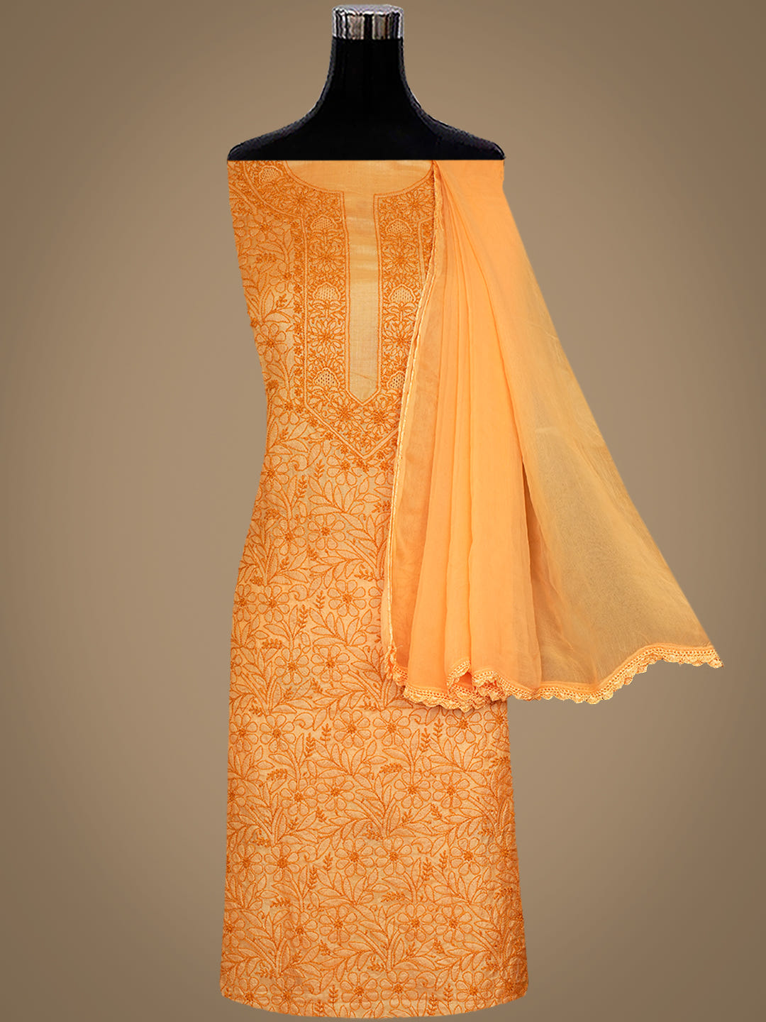 Ada Hand Embroidered Mustard Silk Lucknowi Chikankari Unstitched Suit Piece With Chiffon Dupatta_4