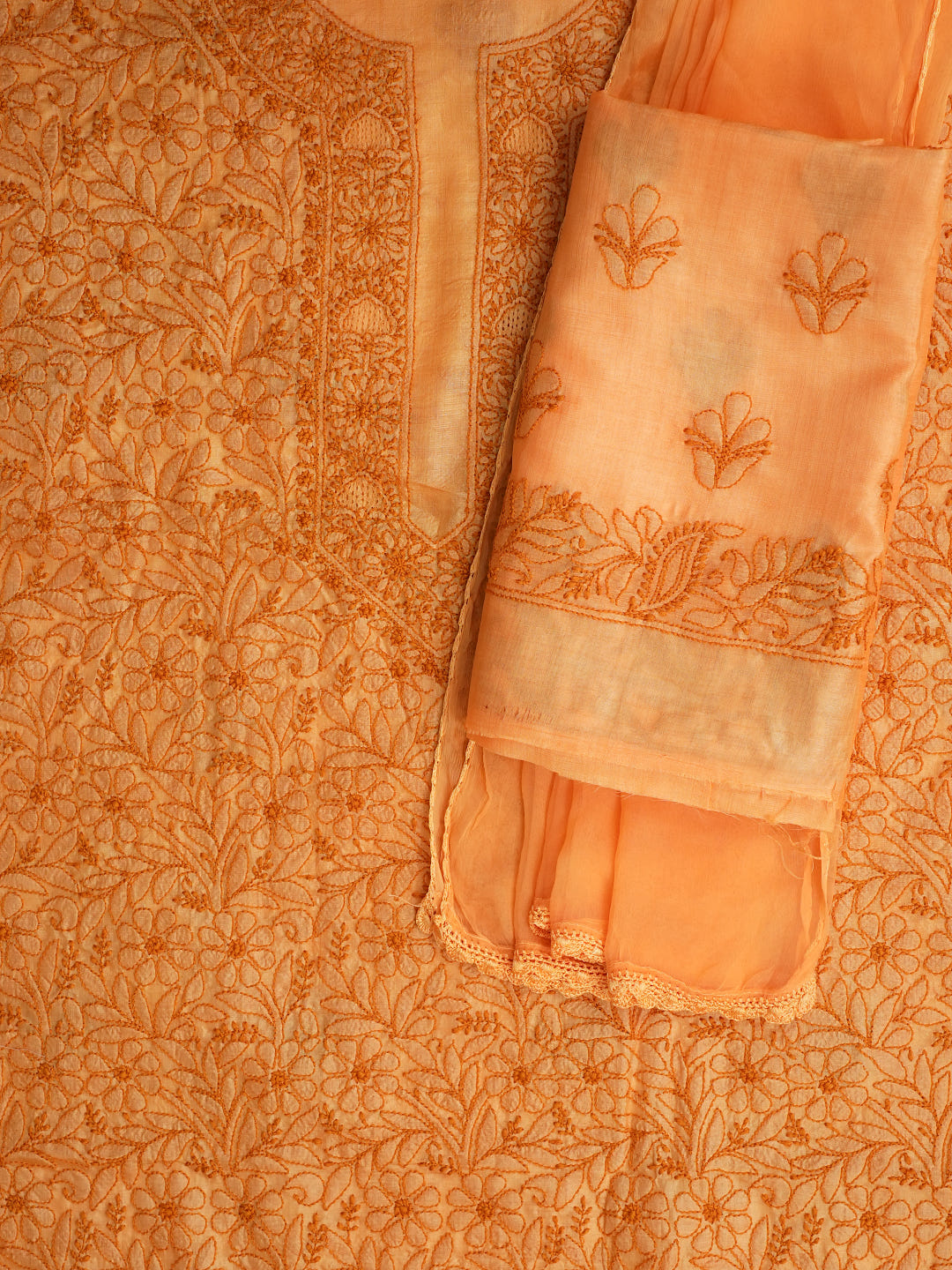 Ada Hand Embroidered Mustard Silk Lucknowi Chikankari Unstitched Suit Piece With Chiffon Dupatta_2