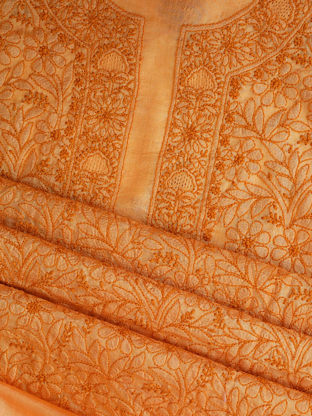Ada Hand Embroidered Mustard Silk Lucknowi Chikankari Unstitched Suit Piece With Chiffon Dupatta_6