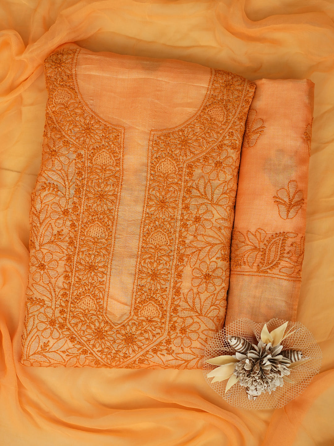 Ada Hand Embroidered Mustard Silk Lucknowi Chikankari Unstitched Suit Piece With Chiffon Dupatta_1
