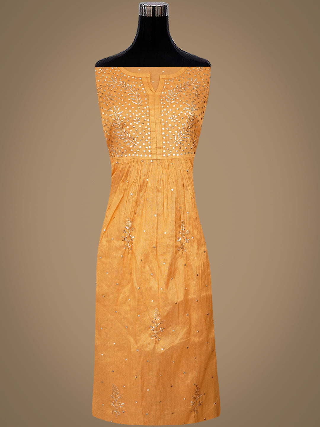 Ada Hand Embroidered Mustard Tissue Semi-Stitched A-line Kurta Dupatta Set With Muqaish Work 01A970297