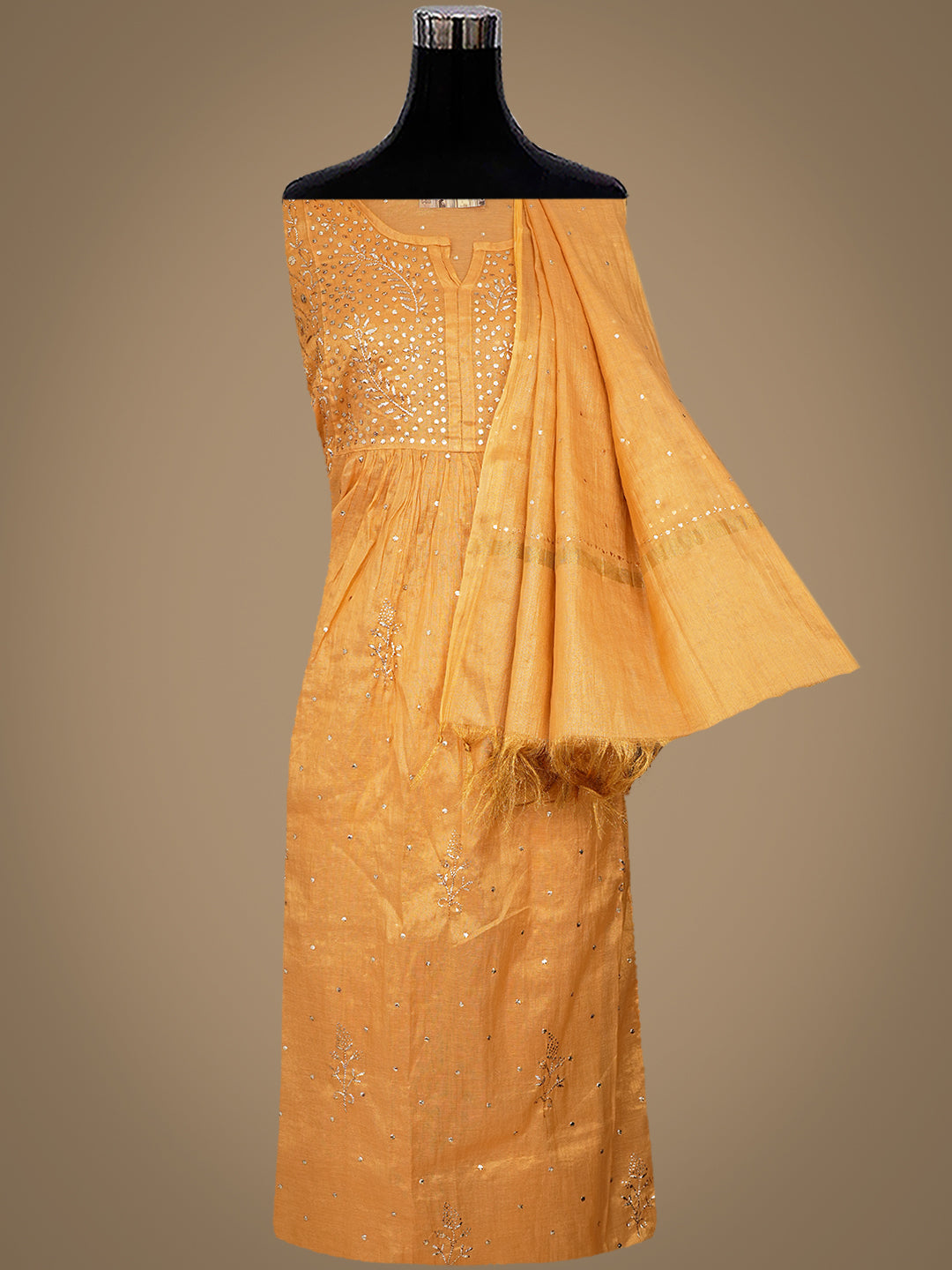 Ada Hand Embroidered Mustard Tissue Semi-Stitched A-line Kurta Dupatta Set With Muqaish Work 01A970297