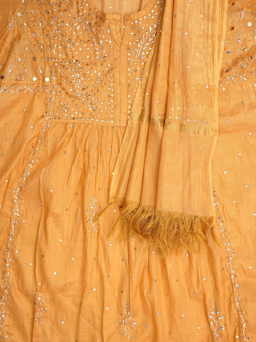 Ada Hand Embroidered Mustard Tissue Semi-Stitched A-line Kurta Dupatta Set With Muqaish Work 01A970297
