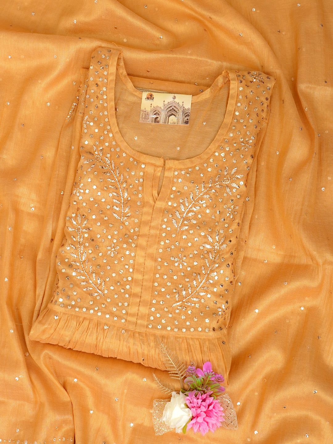 Ada Hand Embroidered Mustard Tissue Semi-Stitched A-line Kurta Dupatta Set With Muqaish Work 01A970297