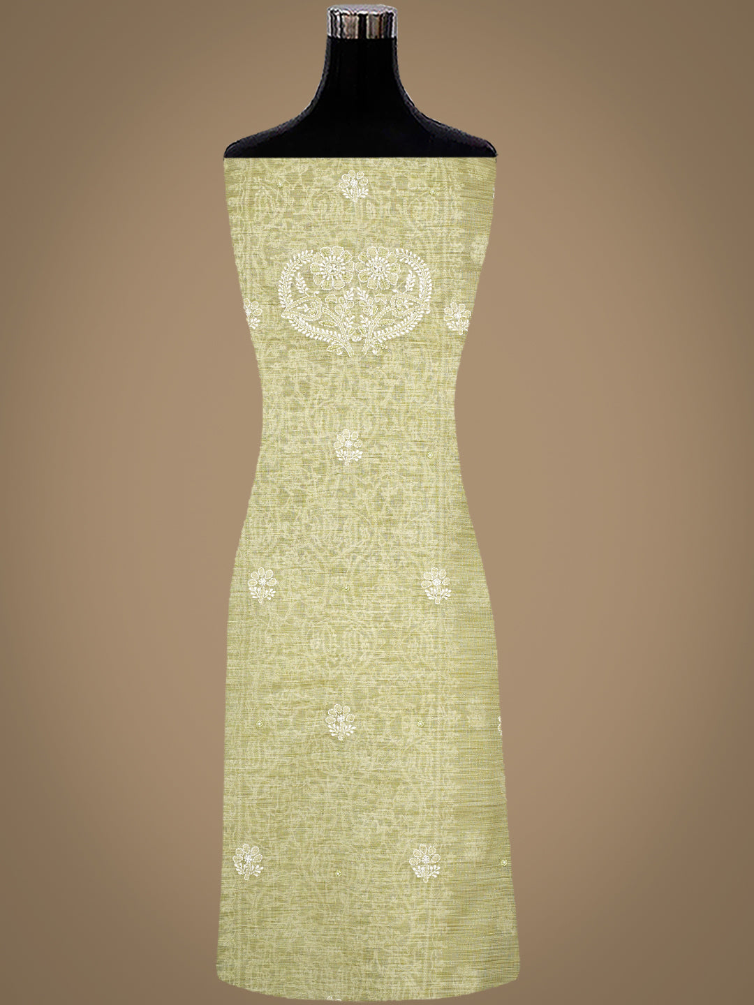 Ada Hand Embroidered Muted Olive Green Tissue Lucknowi Chikankari Unstitched Kurta Dupatta Set With Cutdana Work 01A1003693