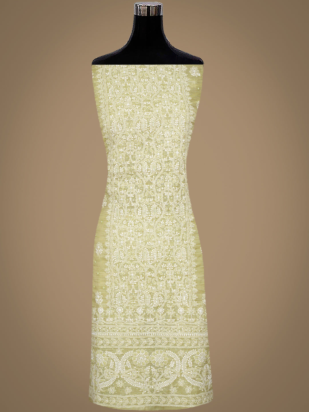 Ada Hand Embroidered Muted Olive Green Tissue Lucknowi Chikankari Unstitched Kurta Dupatta Set With Cutdana Work 01A1003693