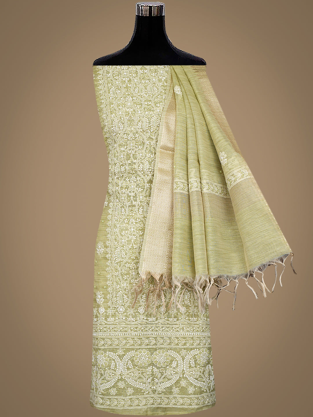 Ada Hand Embroidered Muted Olive Green Tissue Lucknowi Chikankari Unstitched Kurta Dupatta Set With Cutdana Work 01A1003693