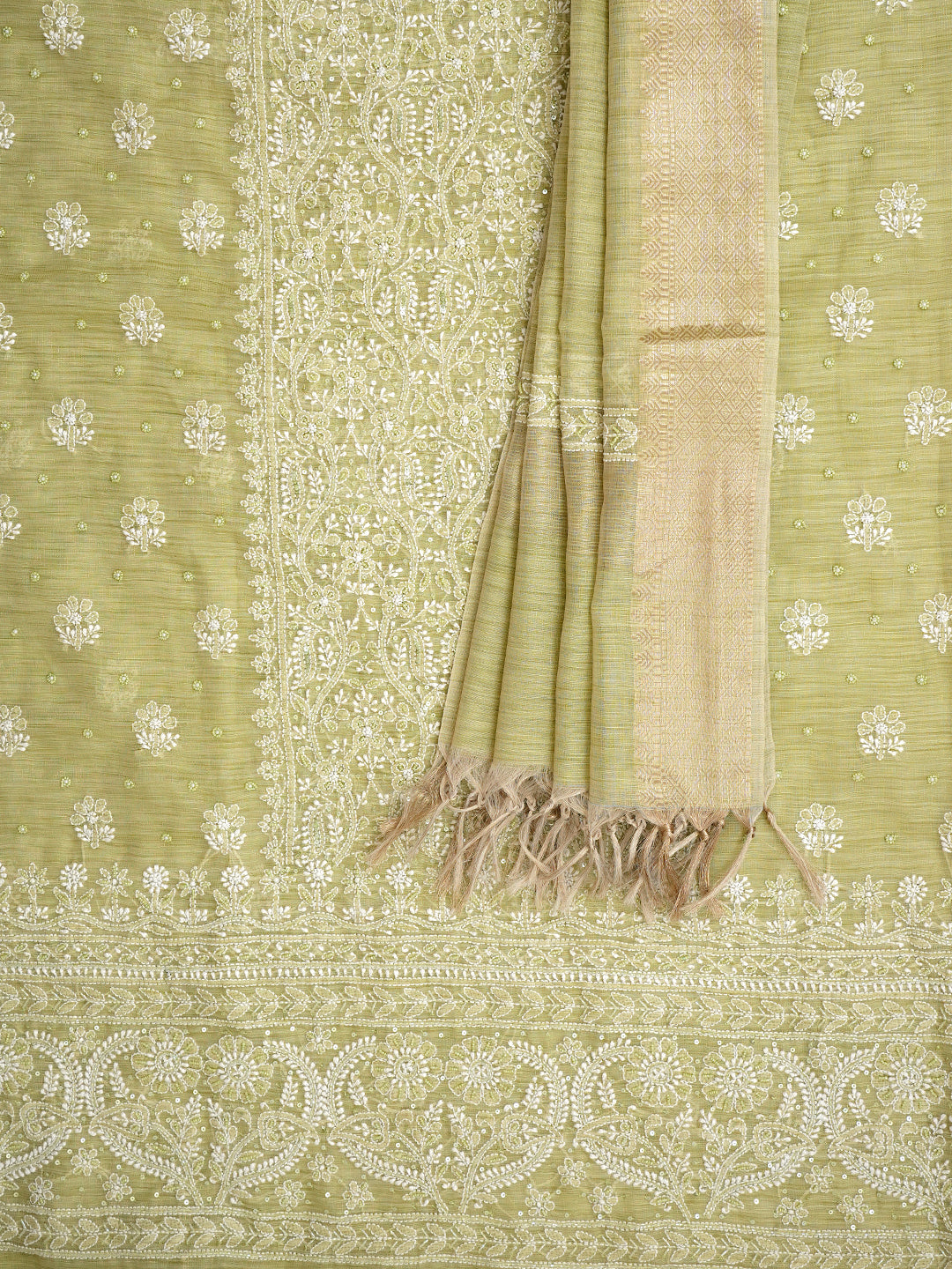 Ada Hand Embroidered Muted Olive Green Tissue Lucknowi Chikankari Unstitched Kurta Dupatta Set With Cutdana Work 01A1003693