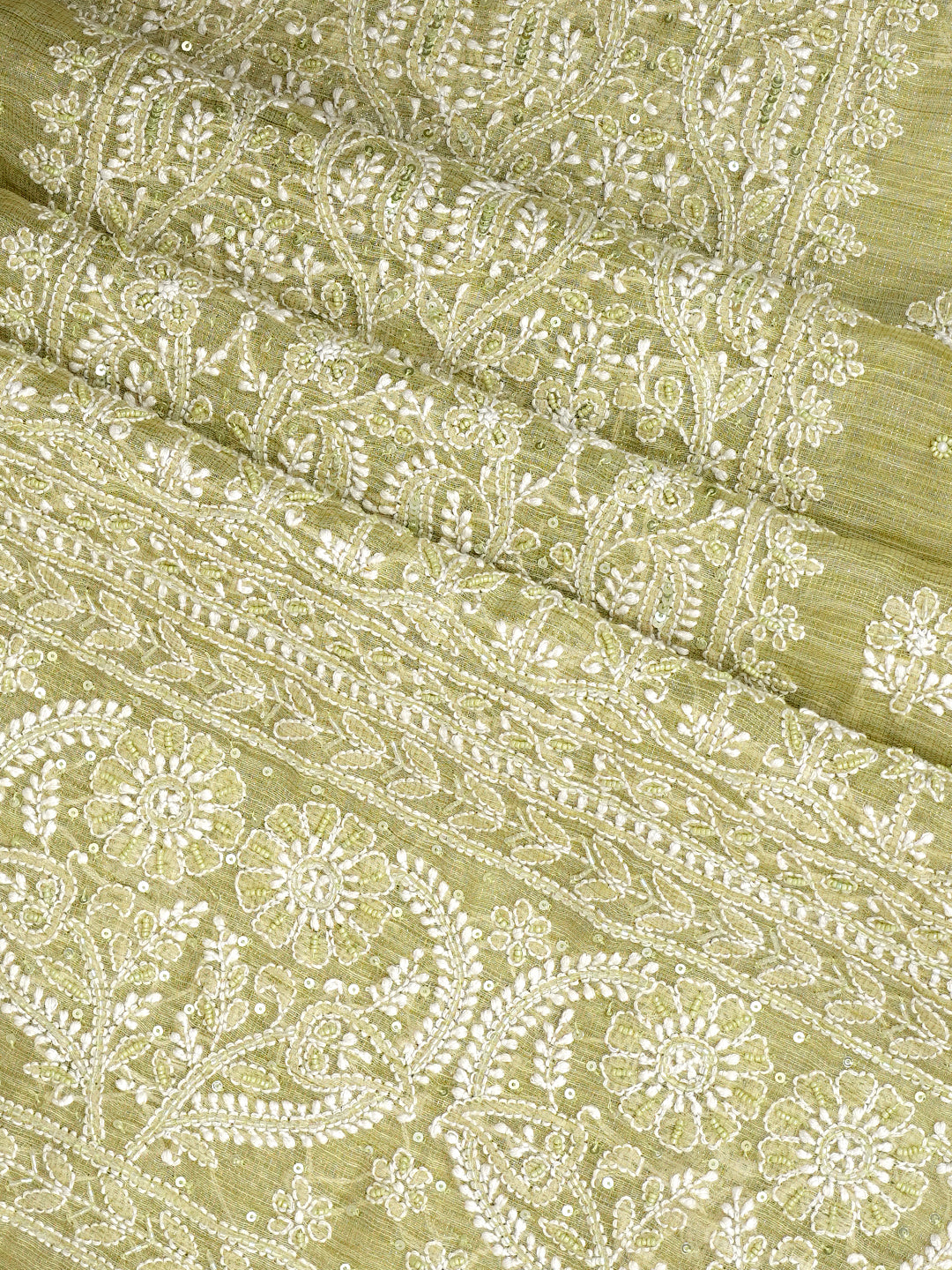 Ada Hand Embroidered Muted Olive Green Tissue Lucknowi Chikankari Unstitched Kurta Dupatta Set With Cutdana Work 01A1003693
