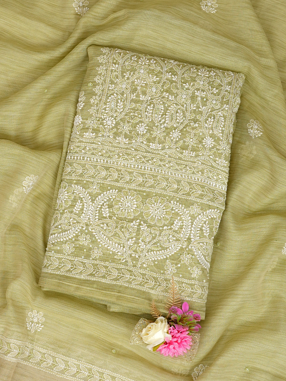 Ada Hand Embroidered Muted Olive Green Tissue Lucknowi Chikankari Unstitched Kurta Dupatta Set With Cutdana Work 01A1003693