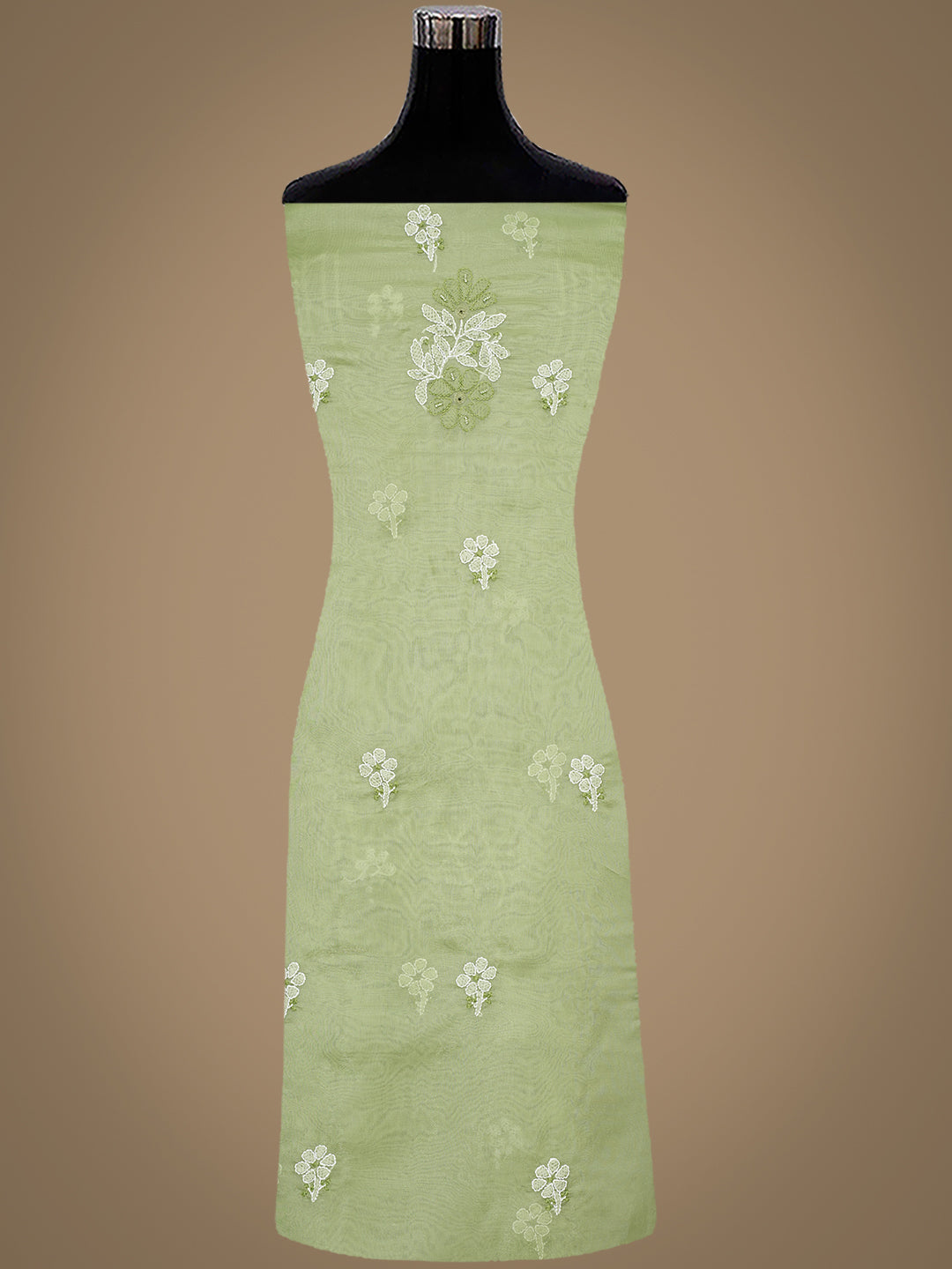 Ada Hand Embroidered Muted Olive Green Organza Lucknowi Chikankari Unstitched Kurta Dupatta Set With Cutdana  Work 01A1003622