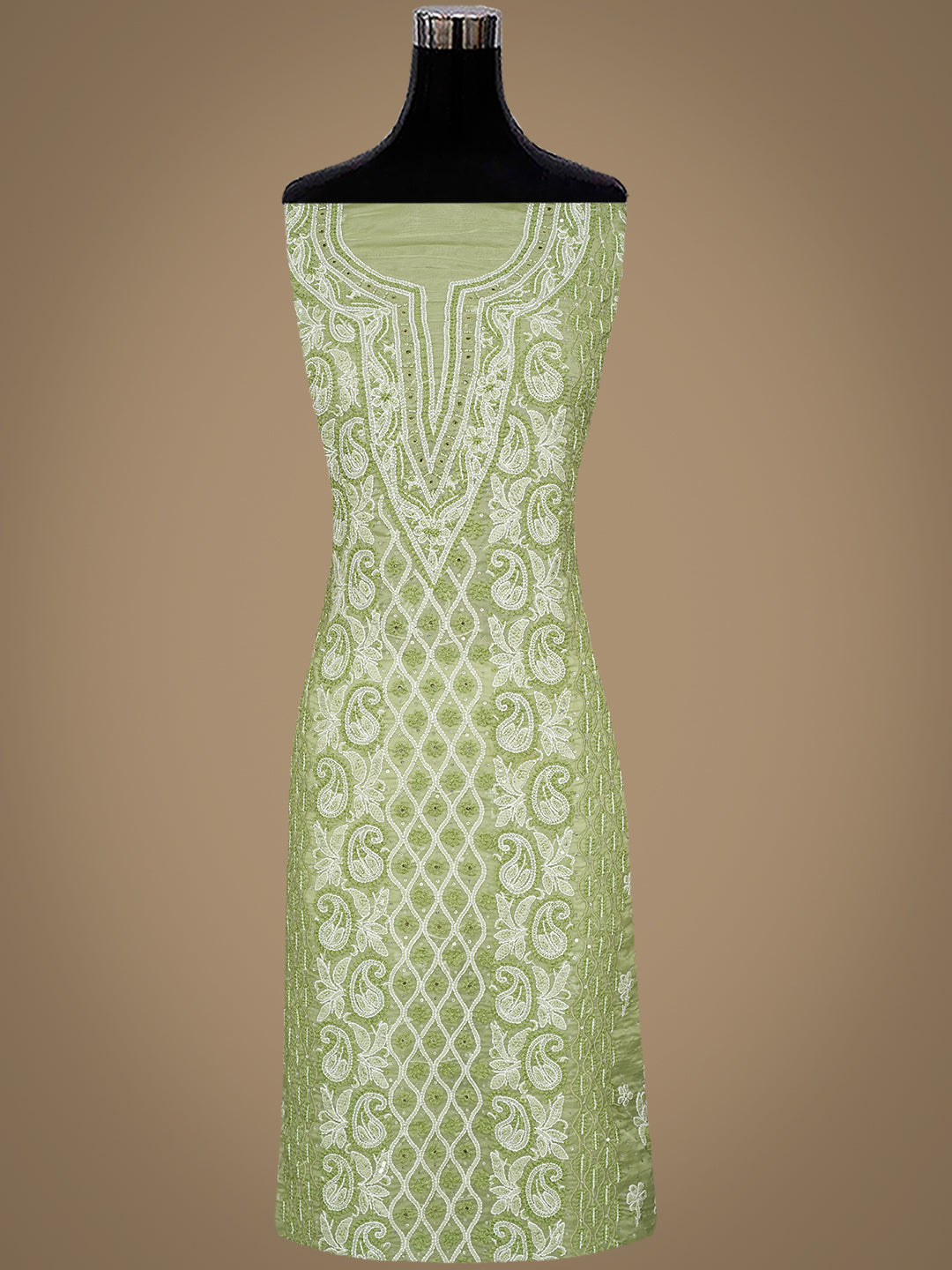 Ada Hand Embroidered Muted Olive Green Organza Lucknowi Chikankari Unstitched Kurta Dupatta Set With Cutdana  Work 01A1003622