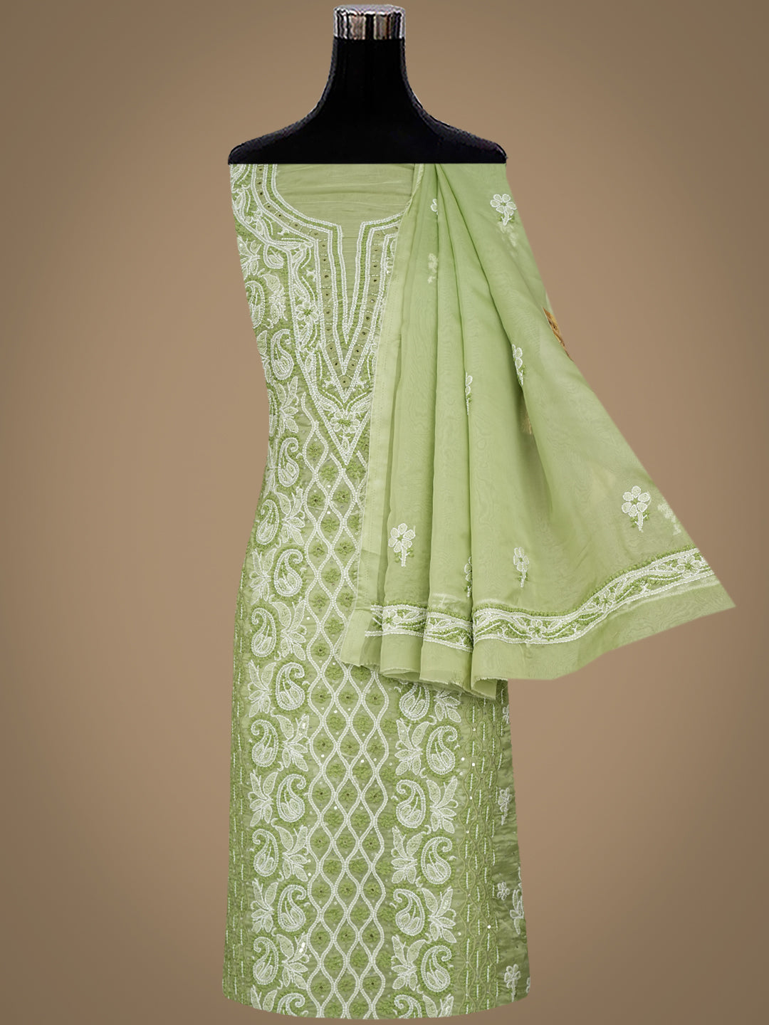 Ada Hand Embroidered Muted Olive Green Organza Lucknowi Chikankari Unstitched Kurta Dupatta Set With Cutdana  Work 01A1003622