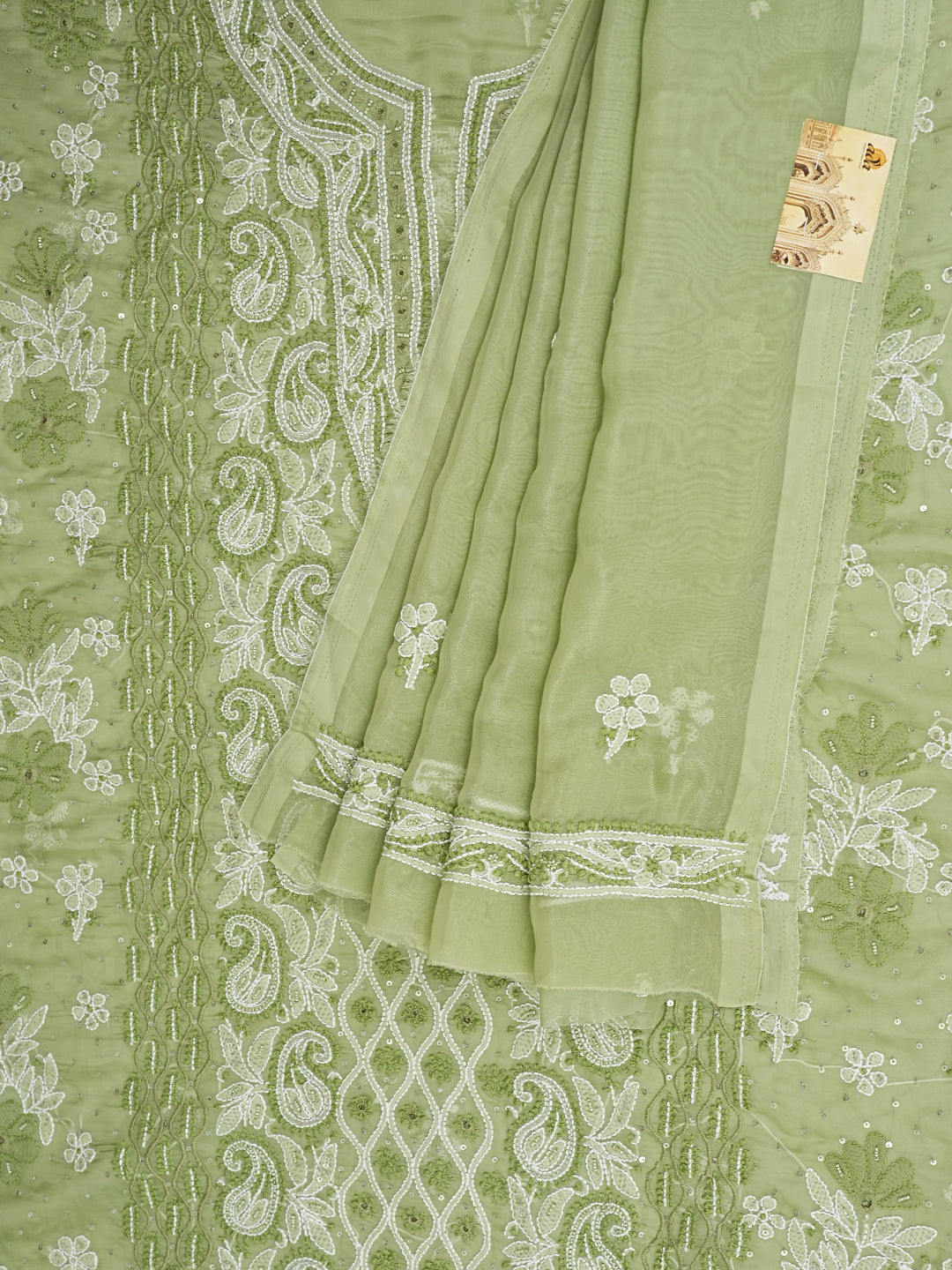 Ada Hand Embroidered Muted Olive Green Organza Lucknowi Chikankari Unstitched Kurta Dupatta Set With Cutdana  Work 01A1003622