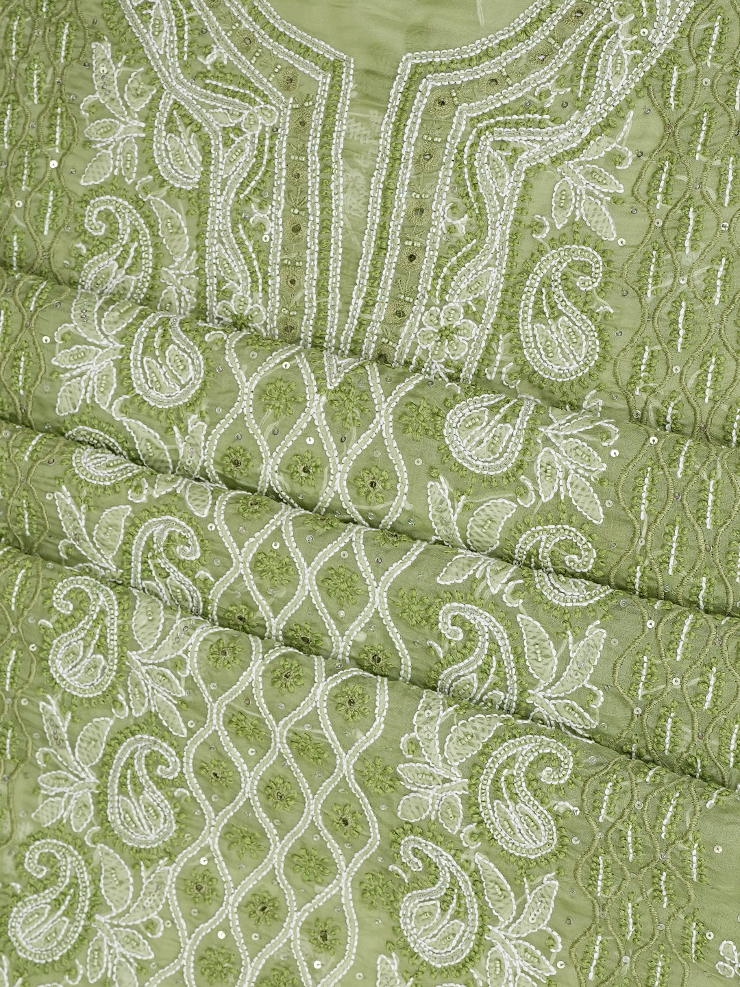 Ada Hand Embroidered Muted Olive Green Organza Lucknowi Chikankari Unstitched Kurta Dupatta Set With Cutdana  Work 01A1003622