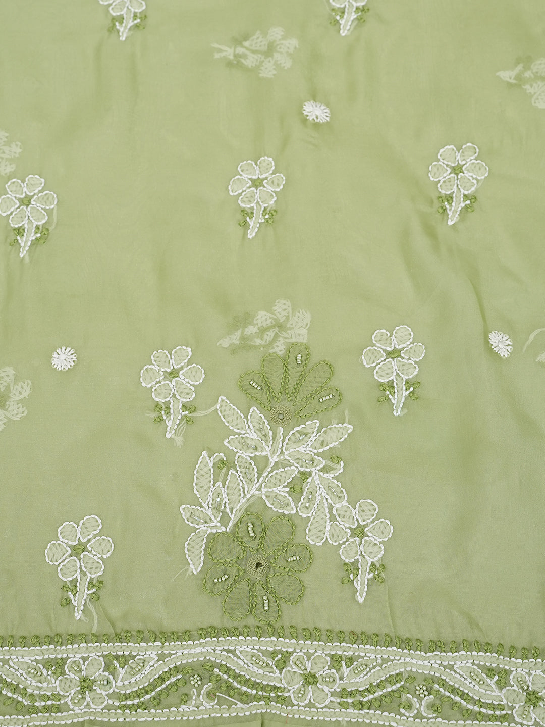 Ada Hand Embroidered Muted Olive Green Organza Lucknowi Chikankari Unstitched Kurta Dupatta Set With Cutdana  Work 01A1003622
