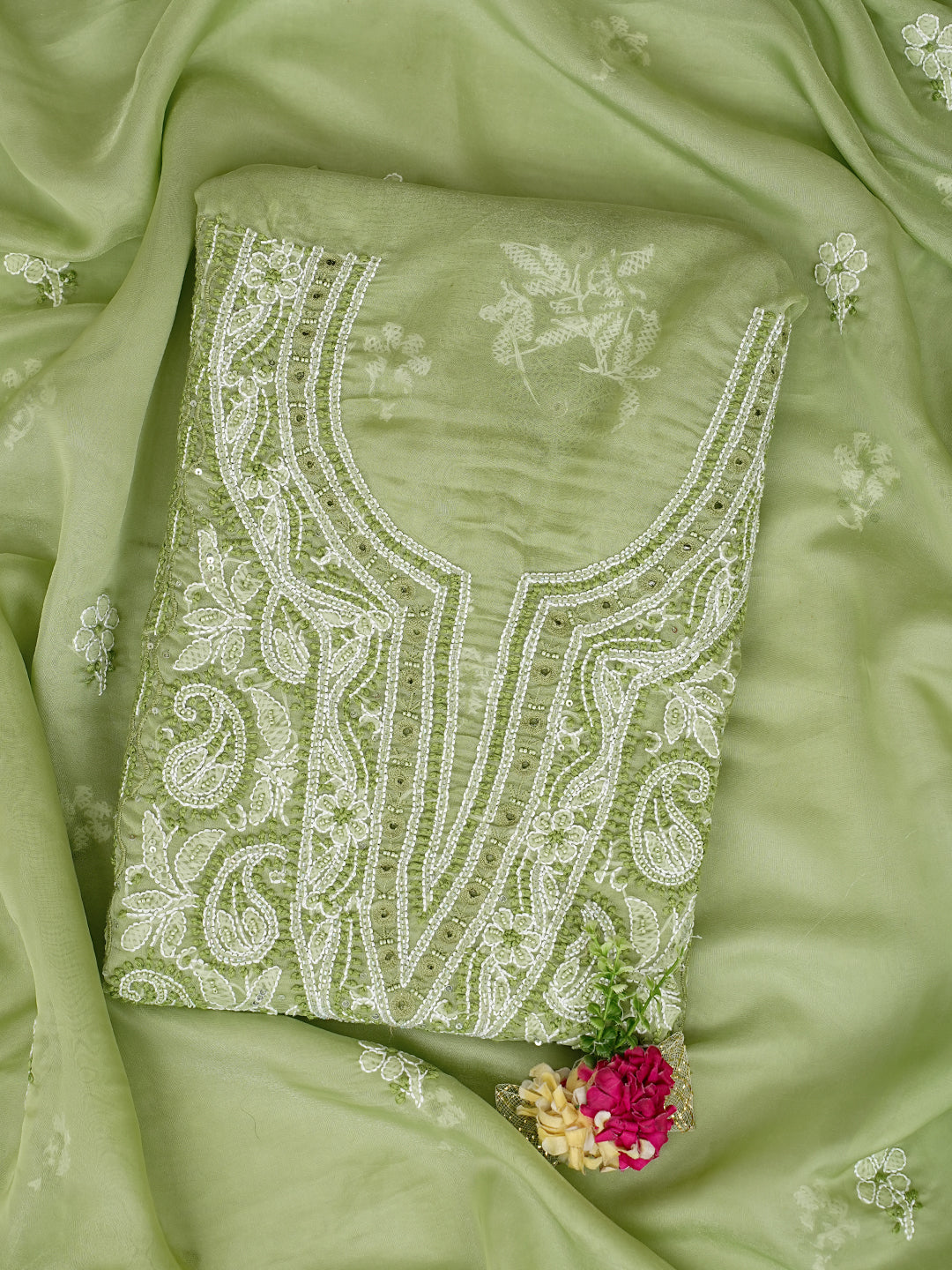 Ada Hand Embroidered Muted Olive Green Organza Lucknowi Chikankari Unstitched Kurta Dupatta Set With Cutdana  Work 01A1003622