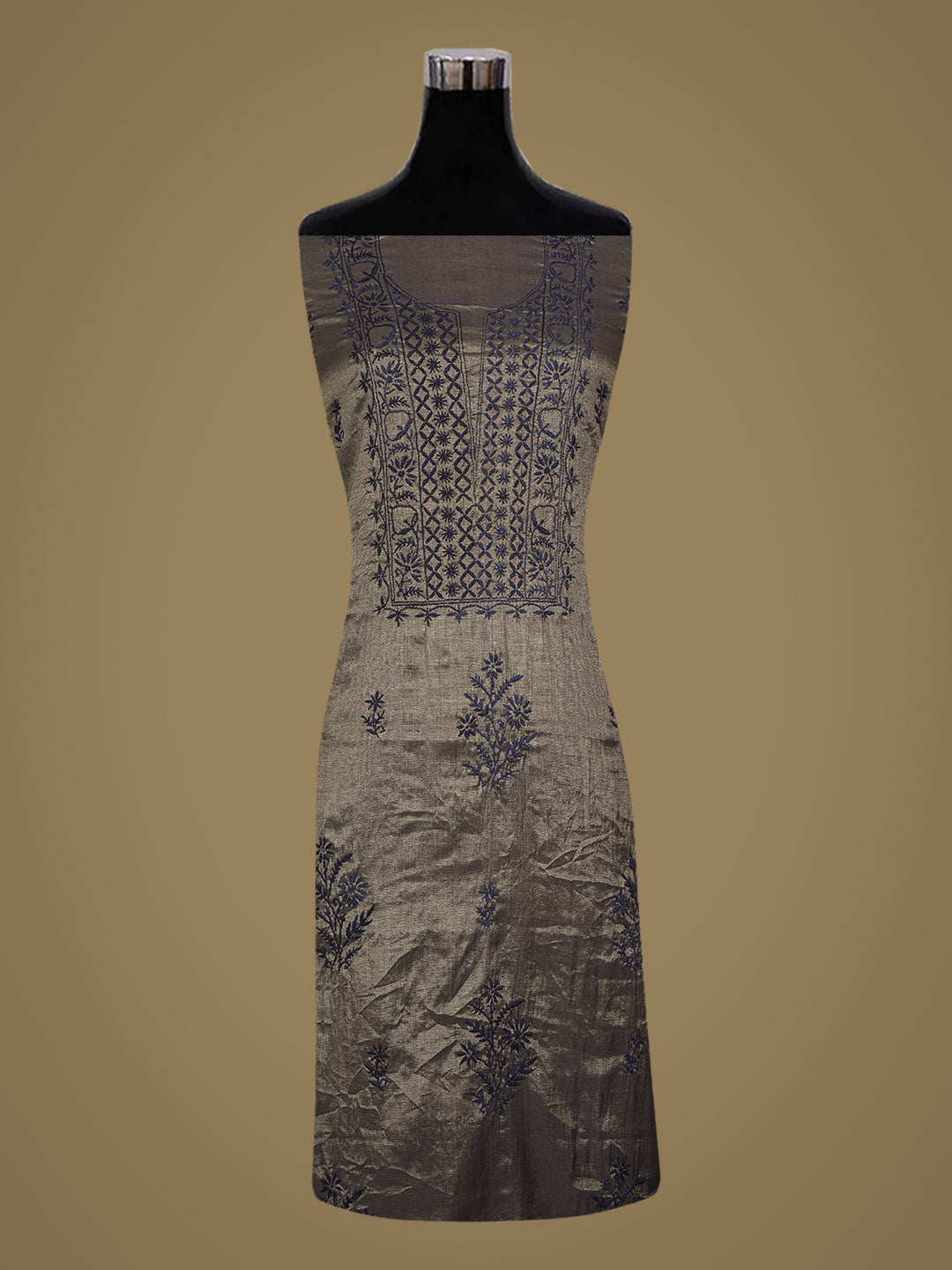 Ada Hand Embroidered Navy Blue Tissue Unstitched Lucknowi Chikankari Kurta Dupatta Set 01A948068