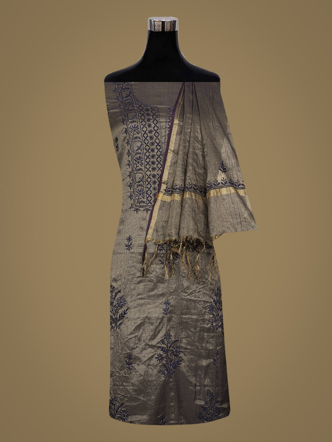 Ada Hand Embroidered Navy Blue Tissue Unstitched Lucknowi Chikankari Kurta Dupatta Set 01A948068