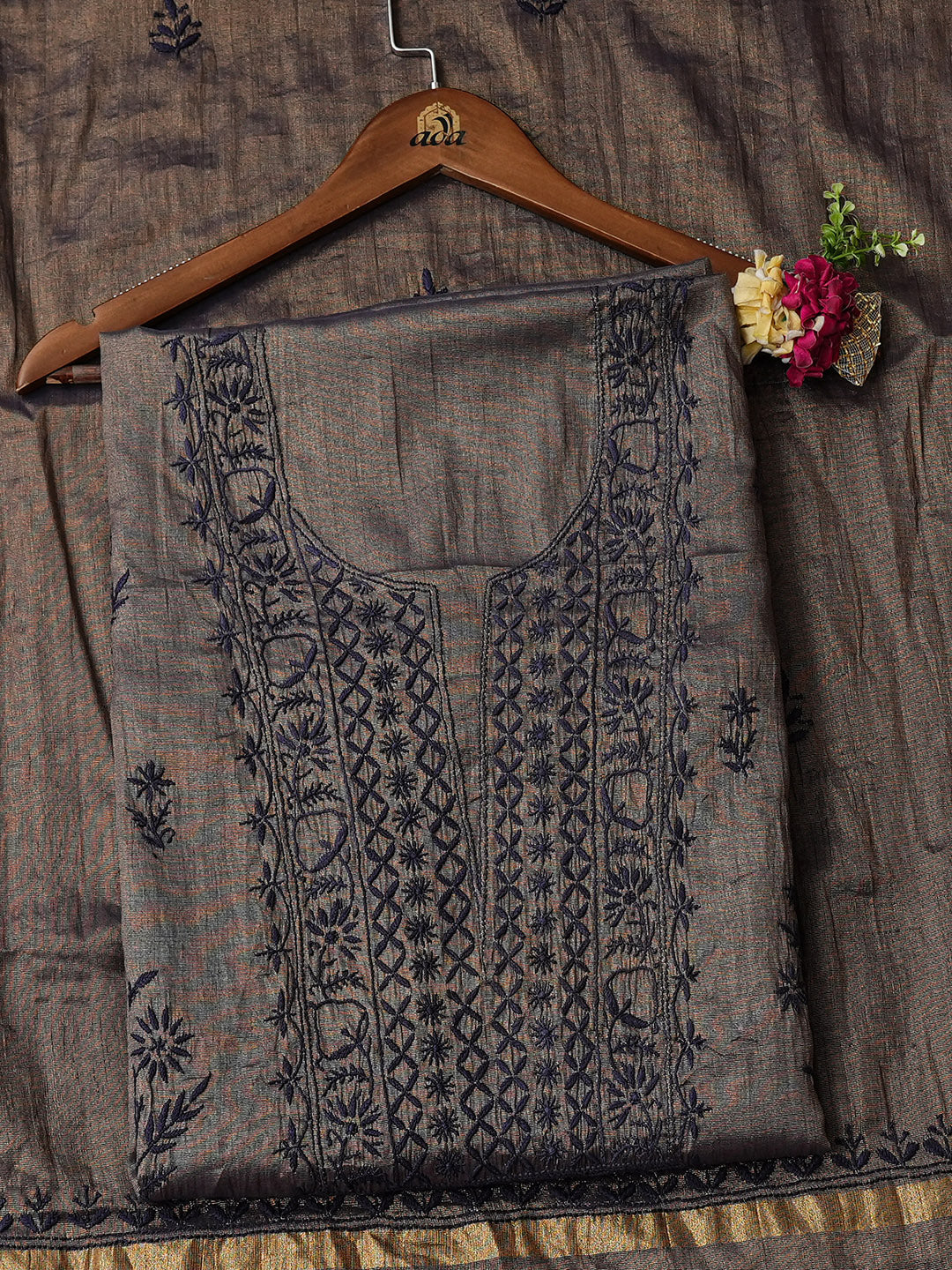 Ada Hand Embroidered Navy Blue Tissue Unstitched Lucknowi Chikankari Kurta Dupatta Set 01A948068