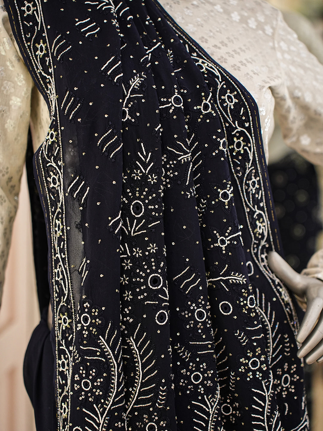 Ada Hand Embroidered Navy Blue Viscose Georgette Lucknowi Chikankari Saree With Blouse And Cutdana Work 01A535706