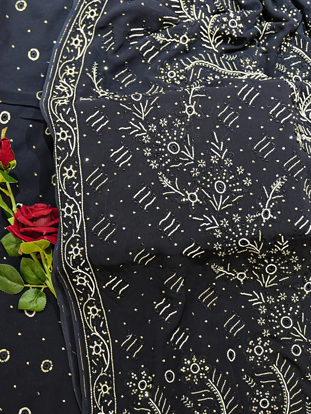Ada Hand Embroidered Navy Blue Viscose Georgette Lucknowi Chikankari Saree With Blouse And Cutdana Work 01A535706