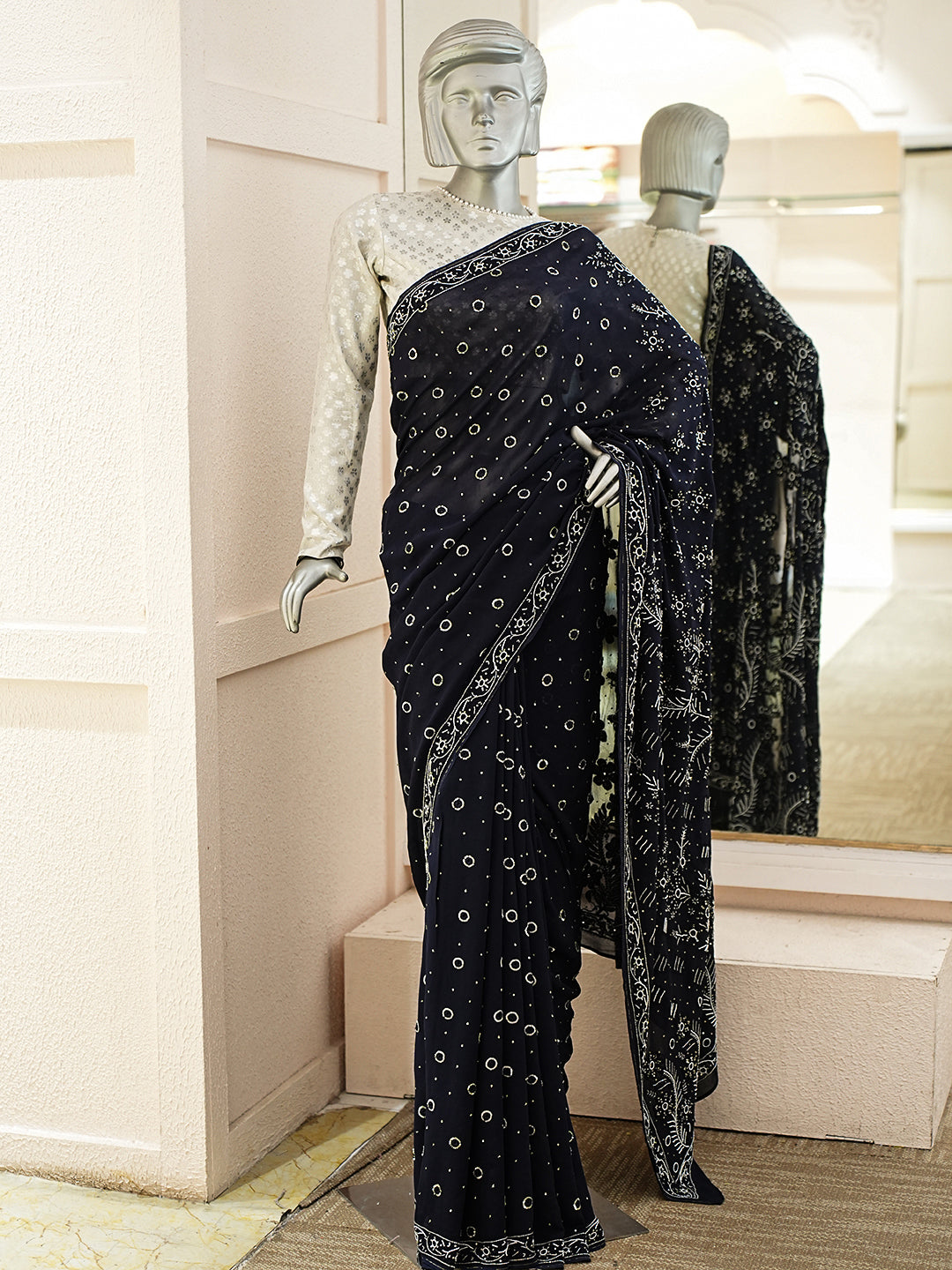 Ada Hand Embroidered Navy Blue Viscose Georgette Lucknowi Chikankari Saree With Blouse And Cutdana Work 01A535706